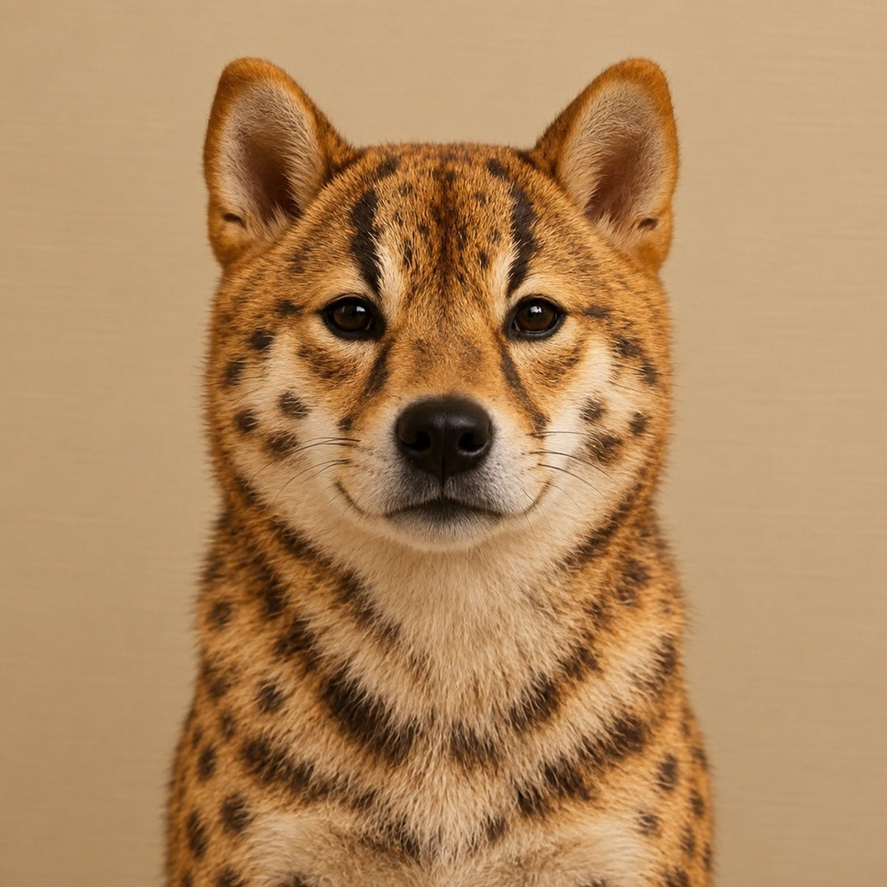 Tilcayo Inu, an orange Shiba Inu with dark spotted and striped markings, cream muzzle and upright ears